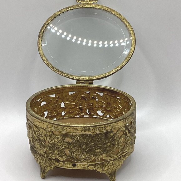 1920s Jewelry Casket Oval French Pierced Gilt Brass & Beveled Glass - Picture 4 of 8